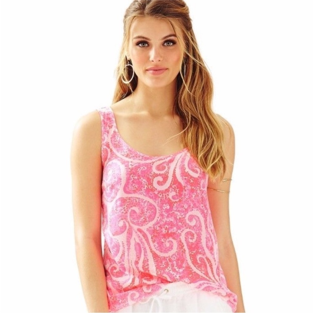 Lilly Pulitzer Cosmos Sleeveless Silk Scoop Neck Tank Top Pink White S Resort